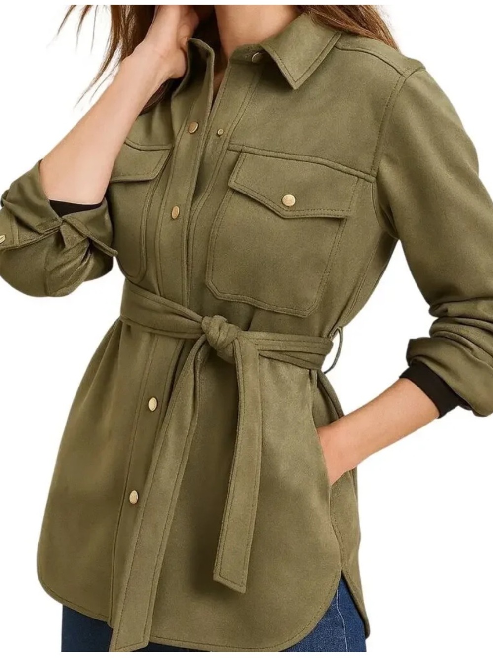 LOFT Classic Faux Suede Olive Green Belted Shirt Jacket, Size M, NWT